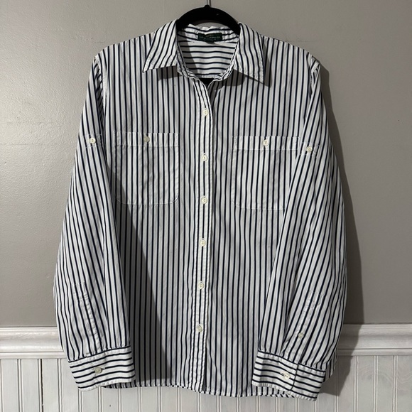 Lauren Ralph Lauren | Women’s Blue & White Striped Button Up Cotton Shirt XL - Picture 1 of 8